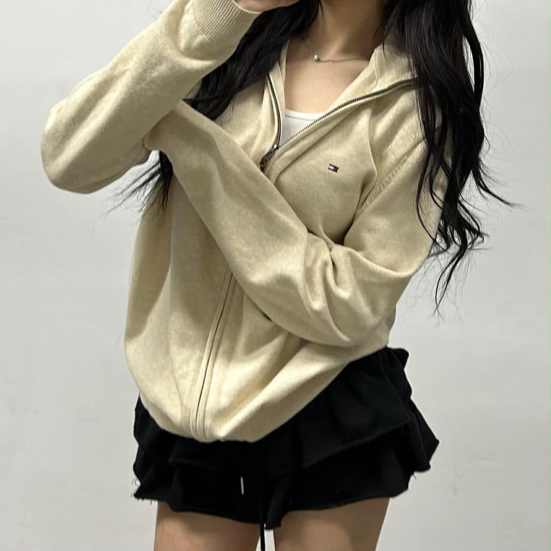 타미힐피거 베이지 핀터깔 코튼 니트 집업 희귀져지(L) 상품이미지1