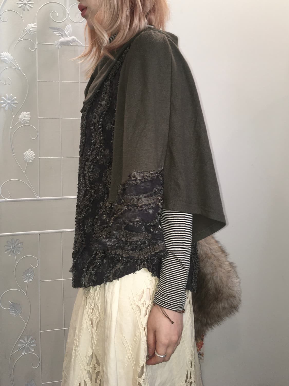 jpn vintage khaki frill beads cape knit 상품이미지3