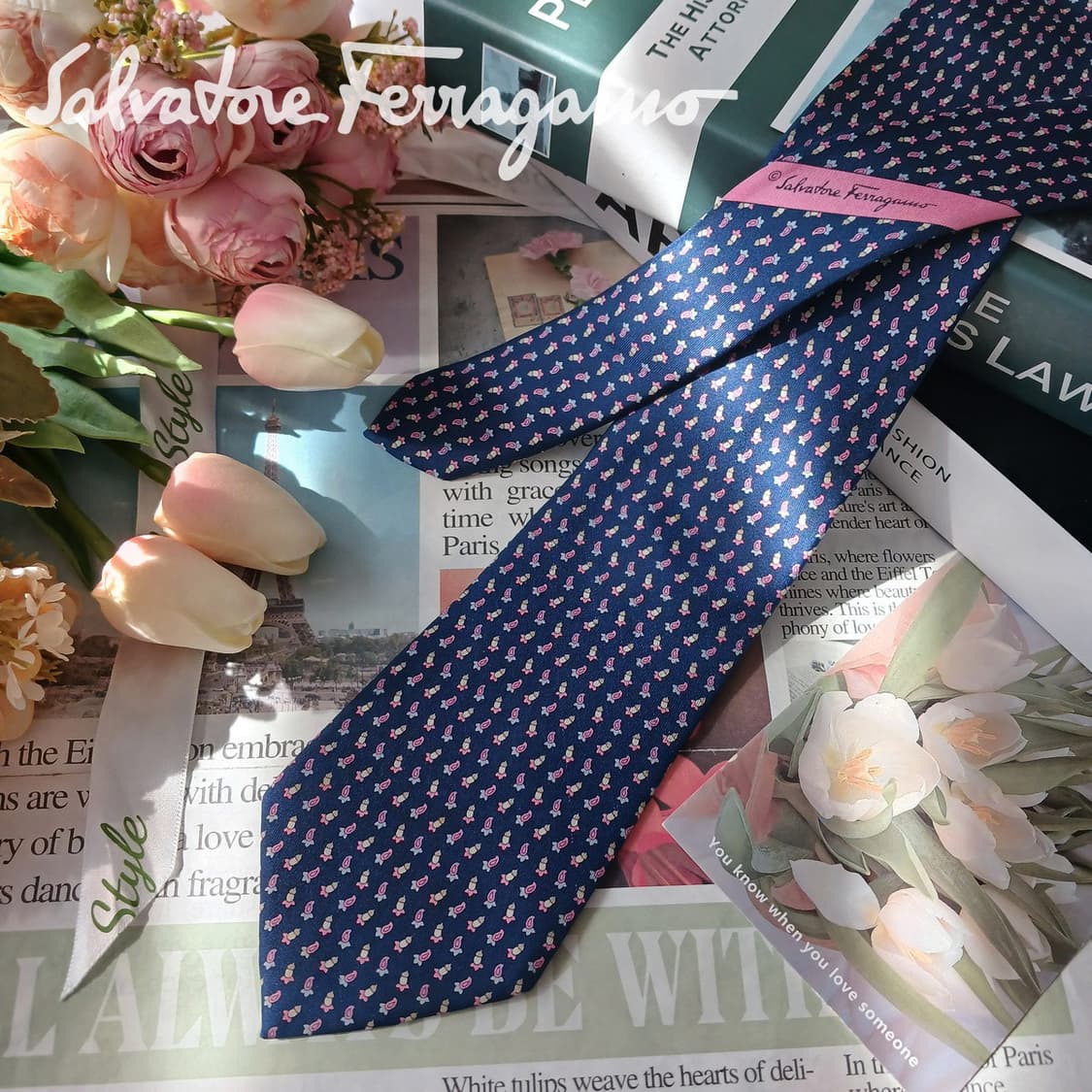 페라가모 실크 네이비 도토리 패턴 넥타이 8.7cm A~B등급 E763 상품이미지2