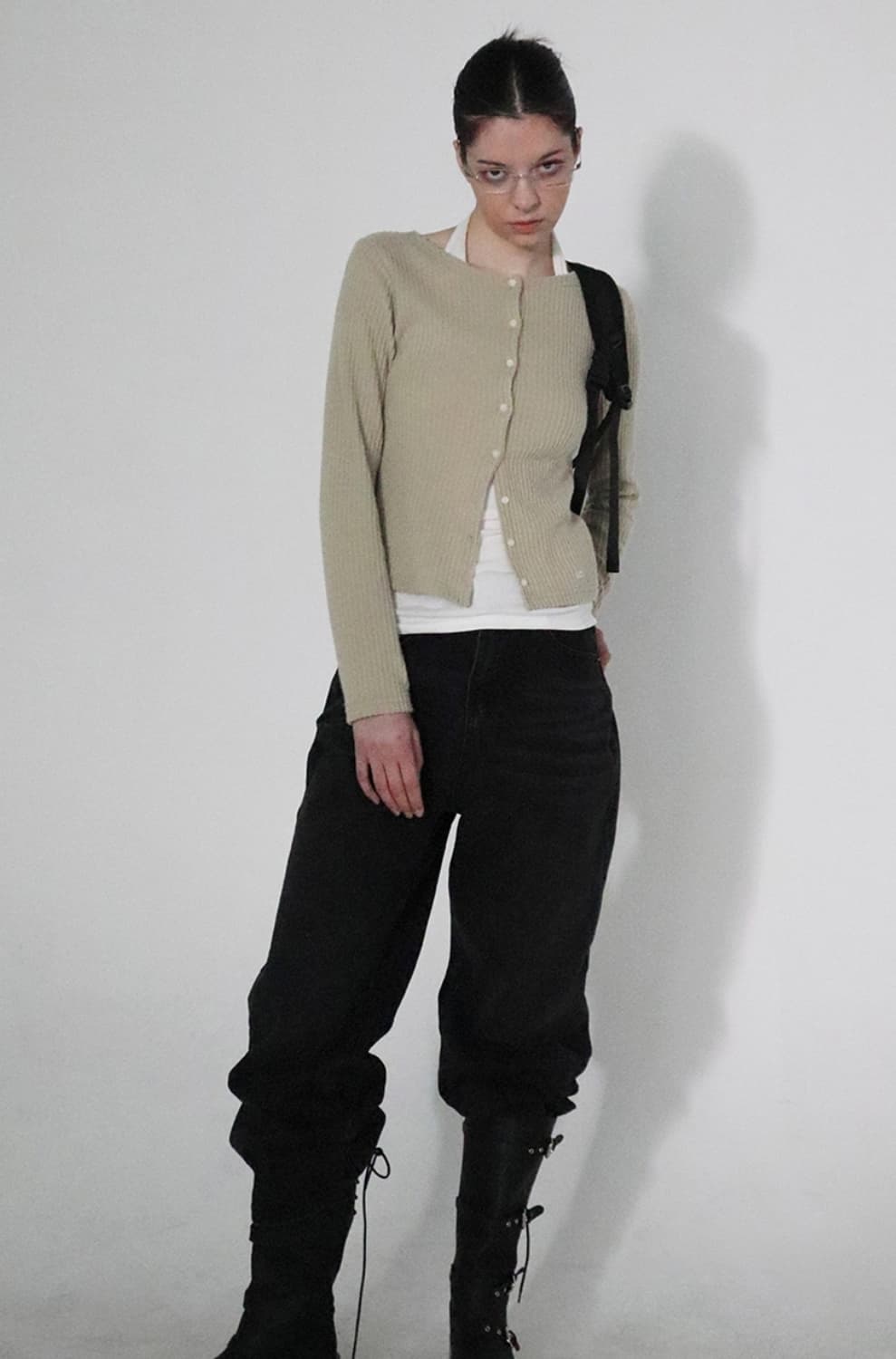 칙스 컴팩트 니트 가디건 베이지 골지 스웨터 chicks 상품이미지2