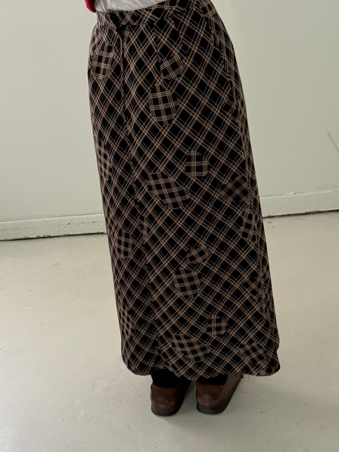 일본빈티지 패치워크 브라운체크 롱스커트 상품이미지2