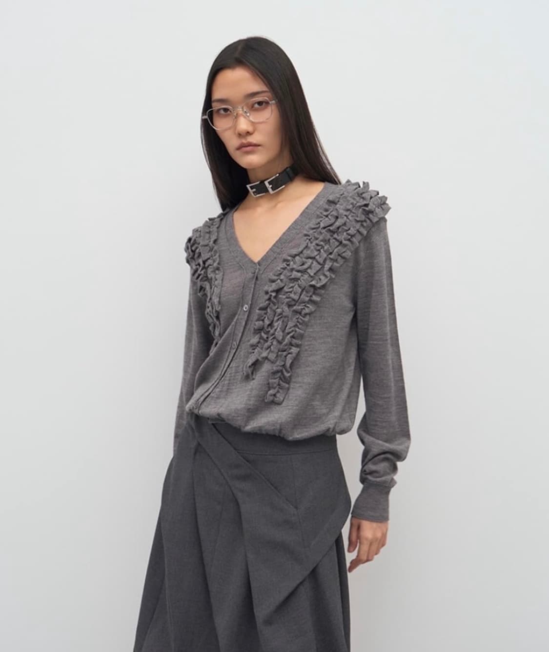 ASYMMETRIC FRILL CARDIGAN grey 상품이미지1