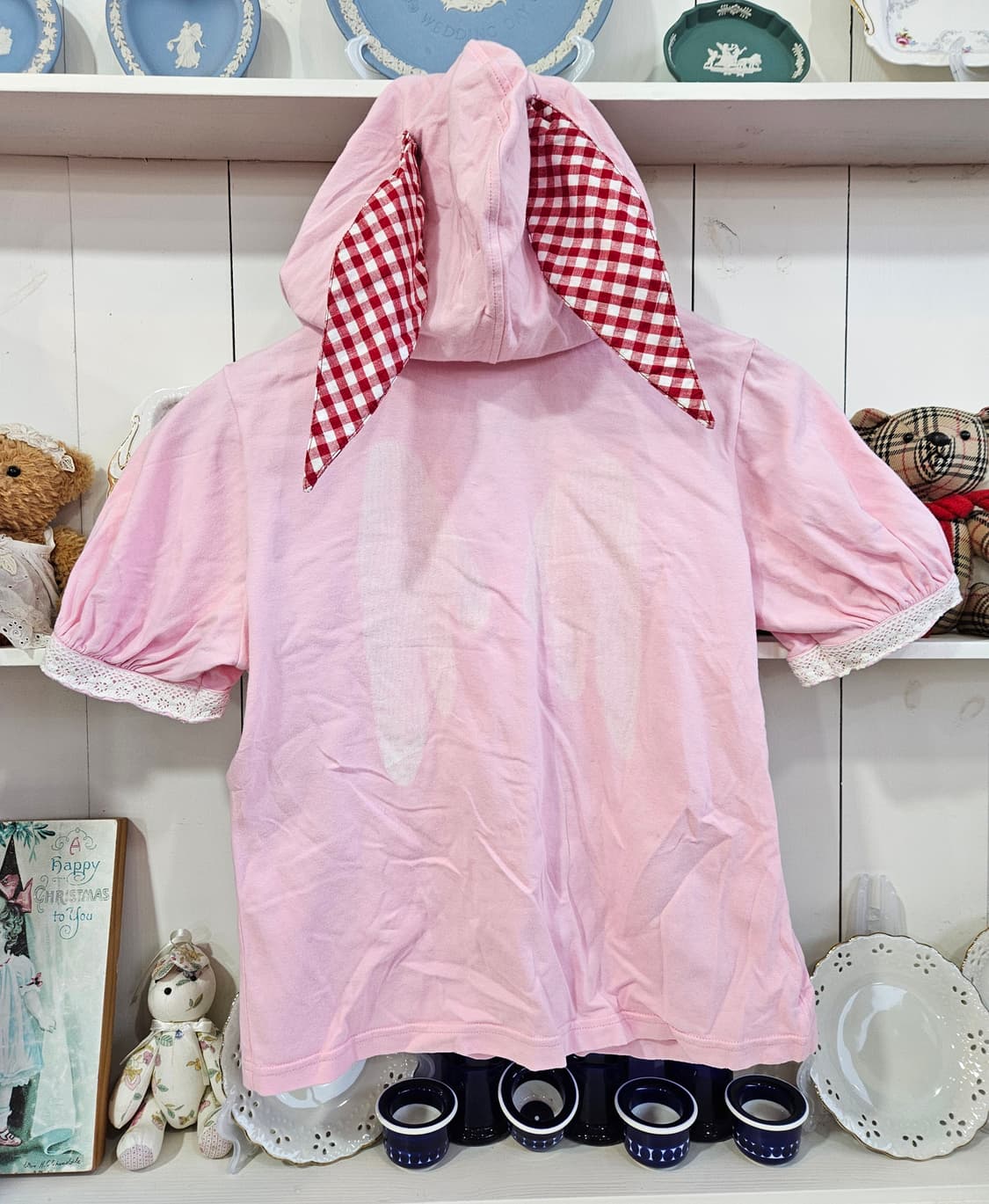 (BODY LINE) 토끼후드 하트 체크 반팔 후드탑 상품이미지8