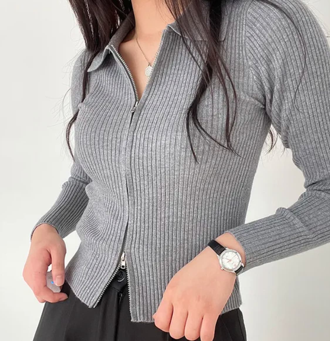 그레이 골지 카라 집업 상품이미지2