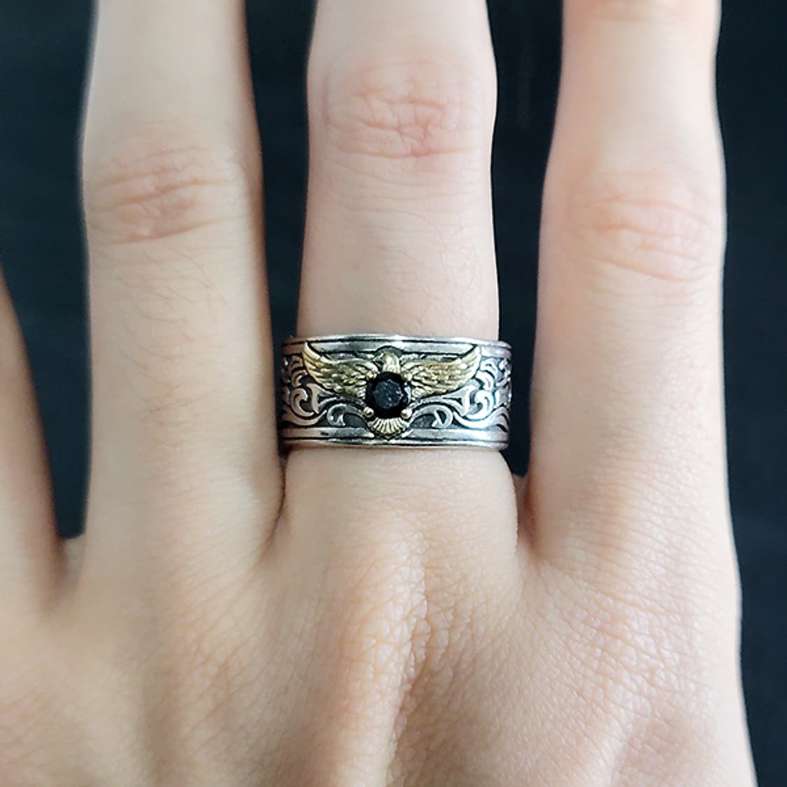 Ecliptor 실버 남자 엔틱 빈티지 명품 흑요석 날개 독수리 반지 상품이미지7