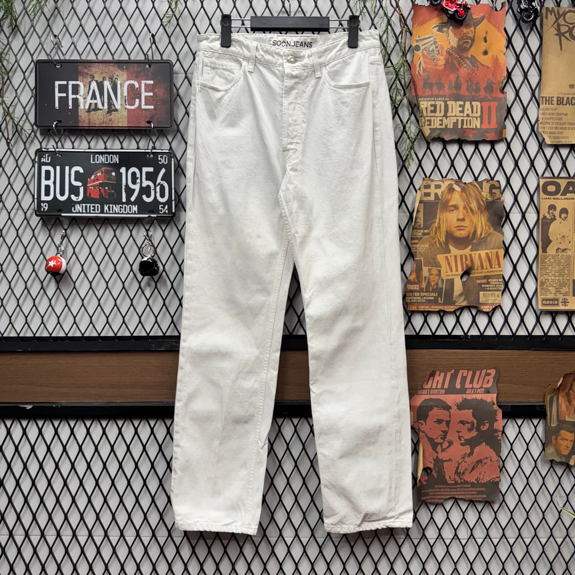 순진 칸디아니 데님 팬츠 전면 달팽이 버튼 포인트 화이트청 상품이미지1