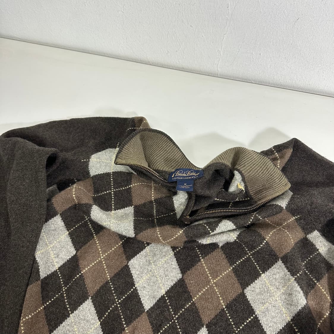 M 100 브룩스브라더스 브라운 램스울 아가일 반집업니트 상품이미지2