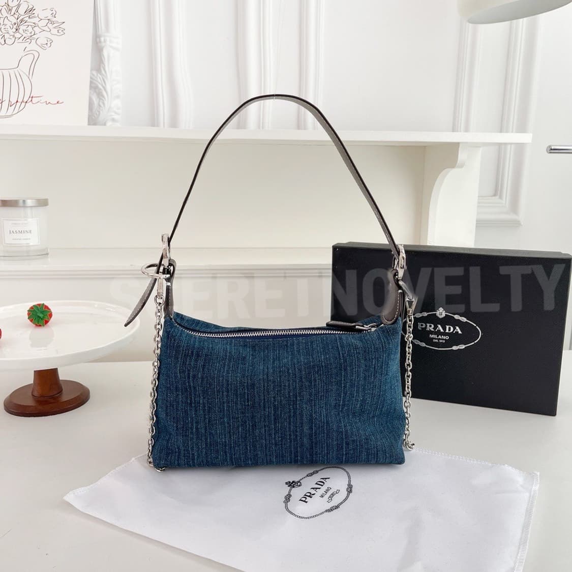 프라다 데님 체인 숄더 크로스 백 무배 상품이미지7