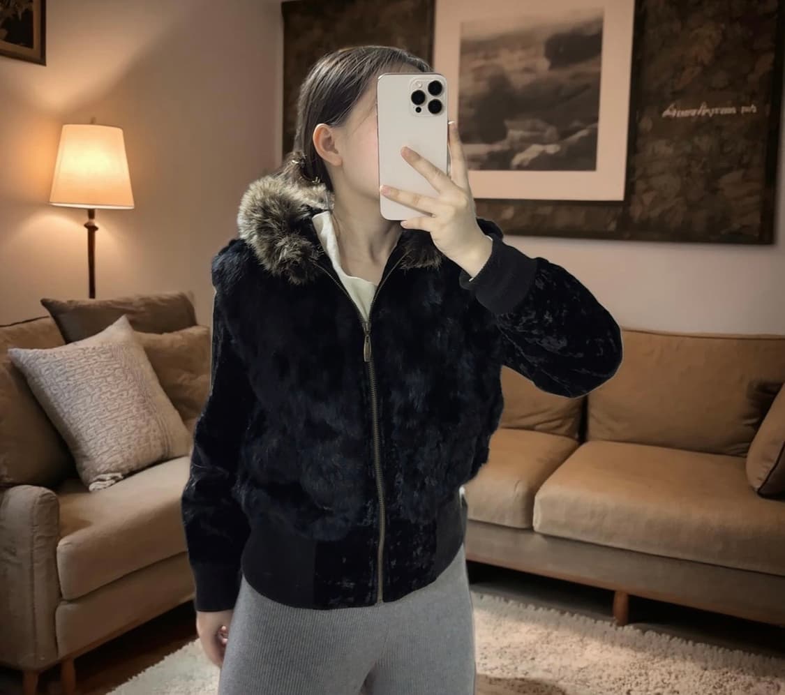 빈티지 다크 여우털후드 토끼털 벨벳 니트자켓 후드집업 상품이미지1