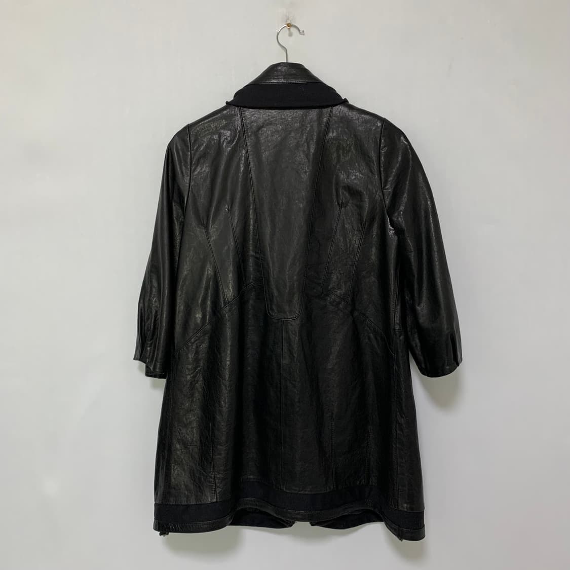 빈티지 블랙 리얼레더 후드st 집업 배색 롱 양가죽자켓 남녀공용 하프코트 상품이미지7
