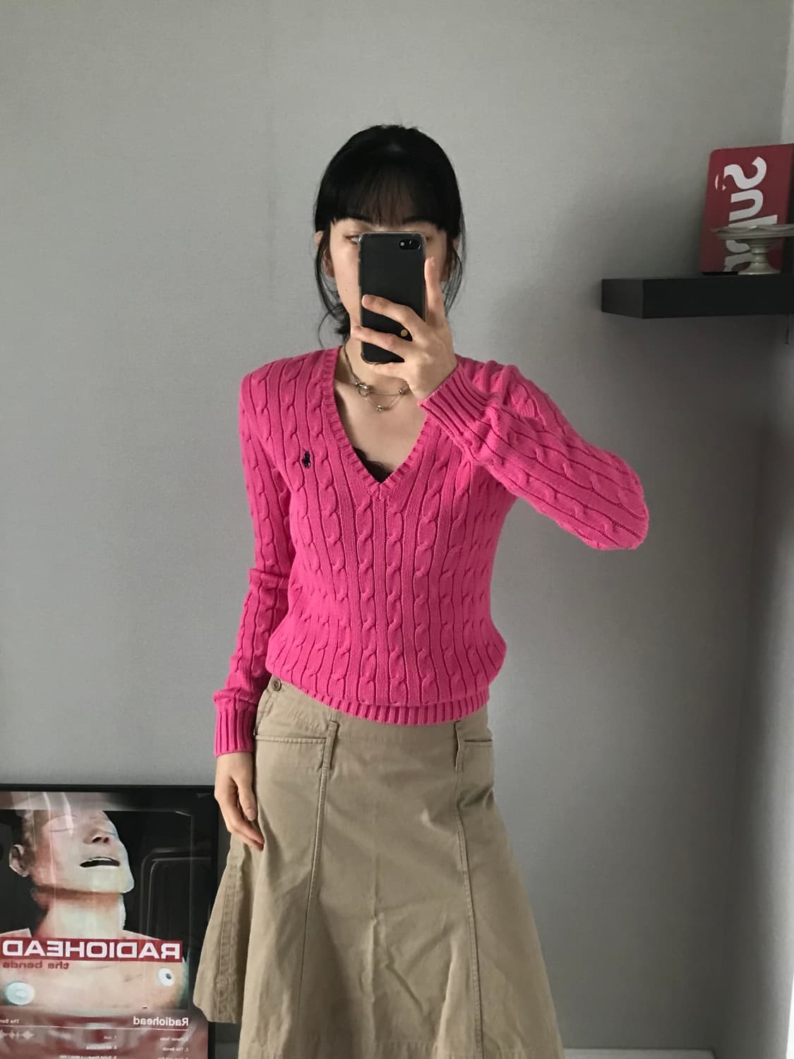 폴로 랄프로렌 포니로고 케이블 브이넥 니트 핑크 상품이미지4