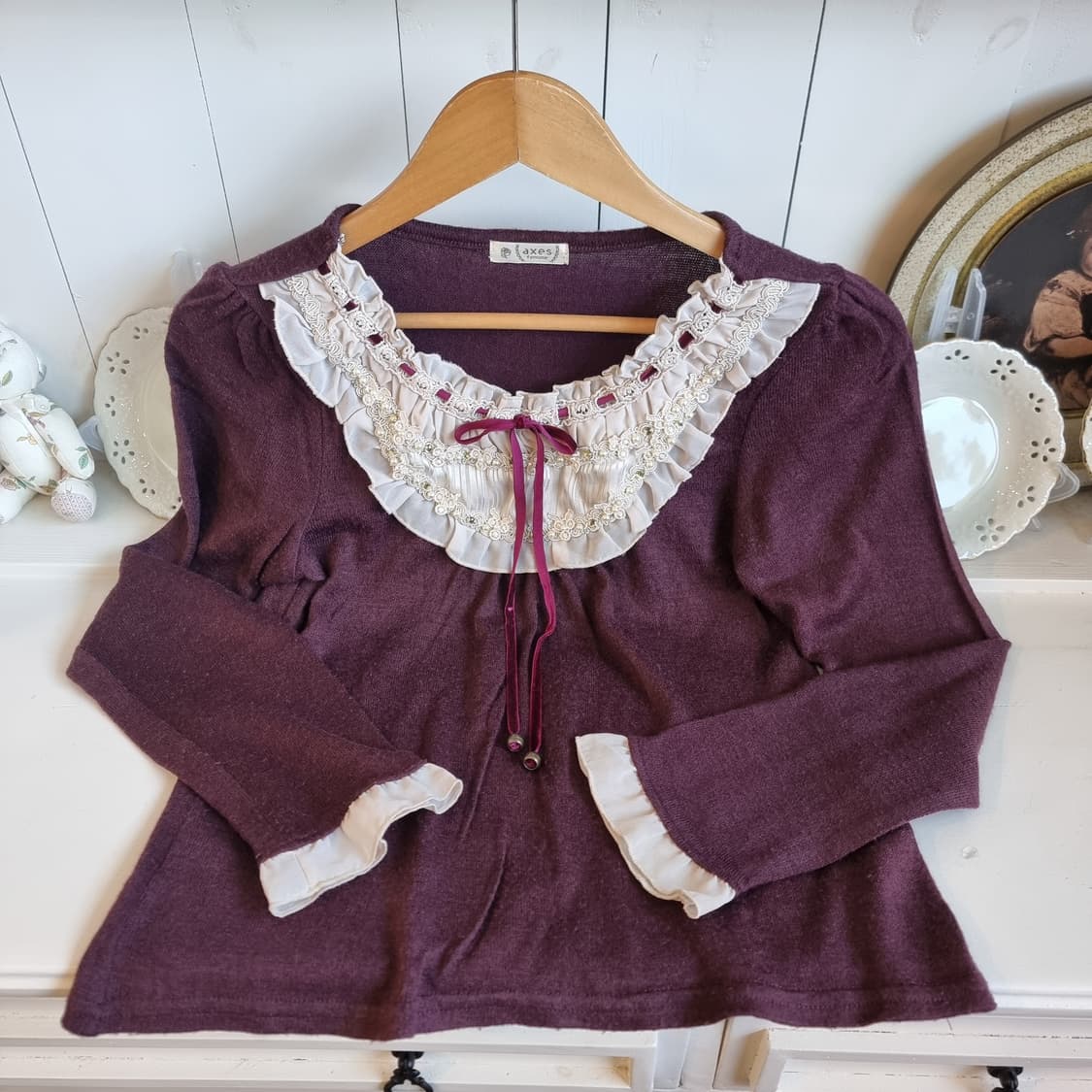 axes femme 레이스 프릴 벨벳 리본 니트 블라우스 상품이미지5