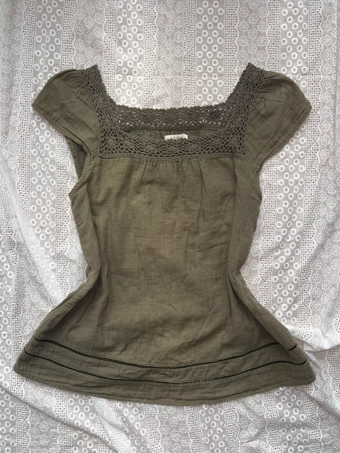 Khaki crochet linen short sleeve 상품이미지1