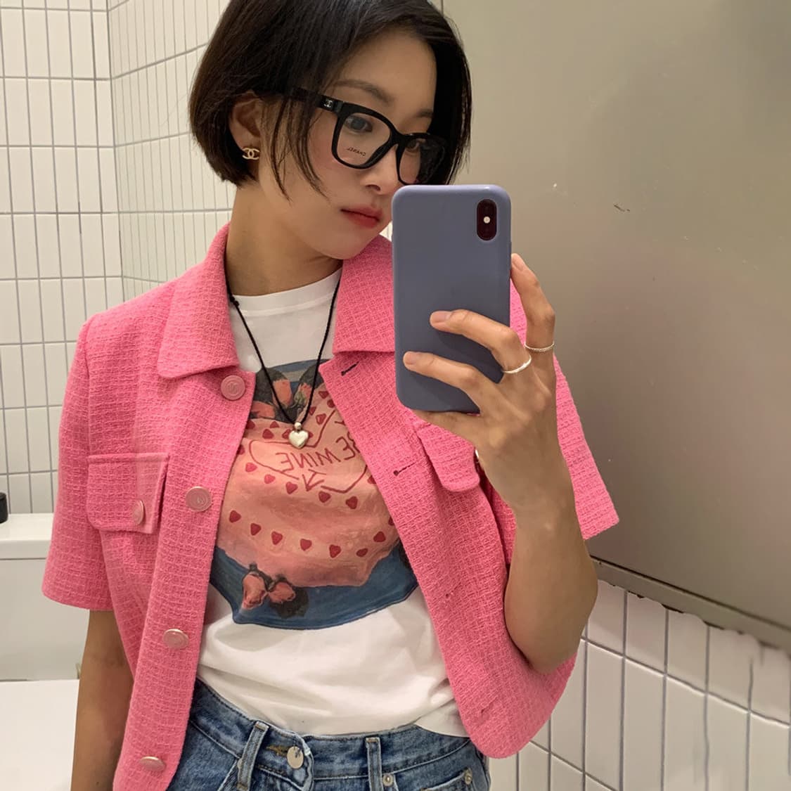 올리브데올리브 크롭 싱글 트위드 자켓 - 핑크 상품이미지1