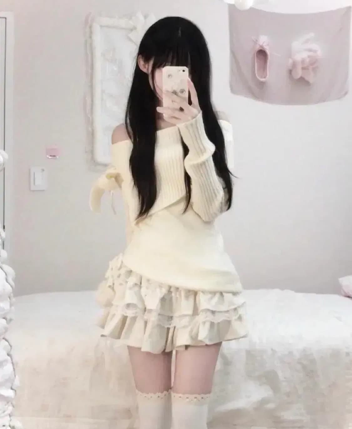 스너그 서냥 슈크림 오프숄더 니트+스커트 달천깔 히메갸루 상품이미지1