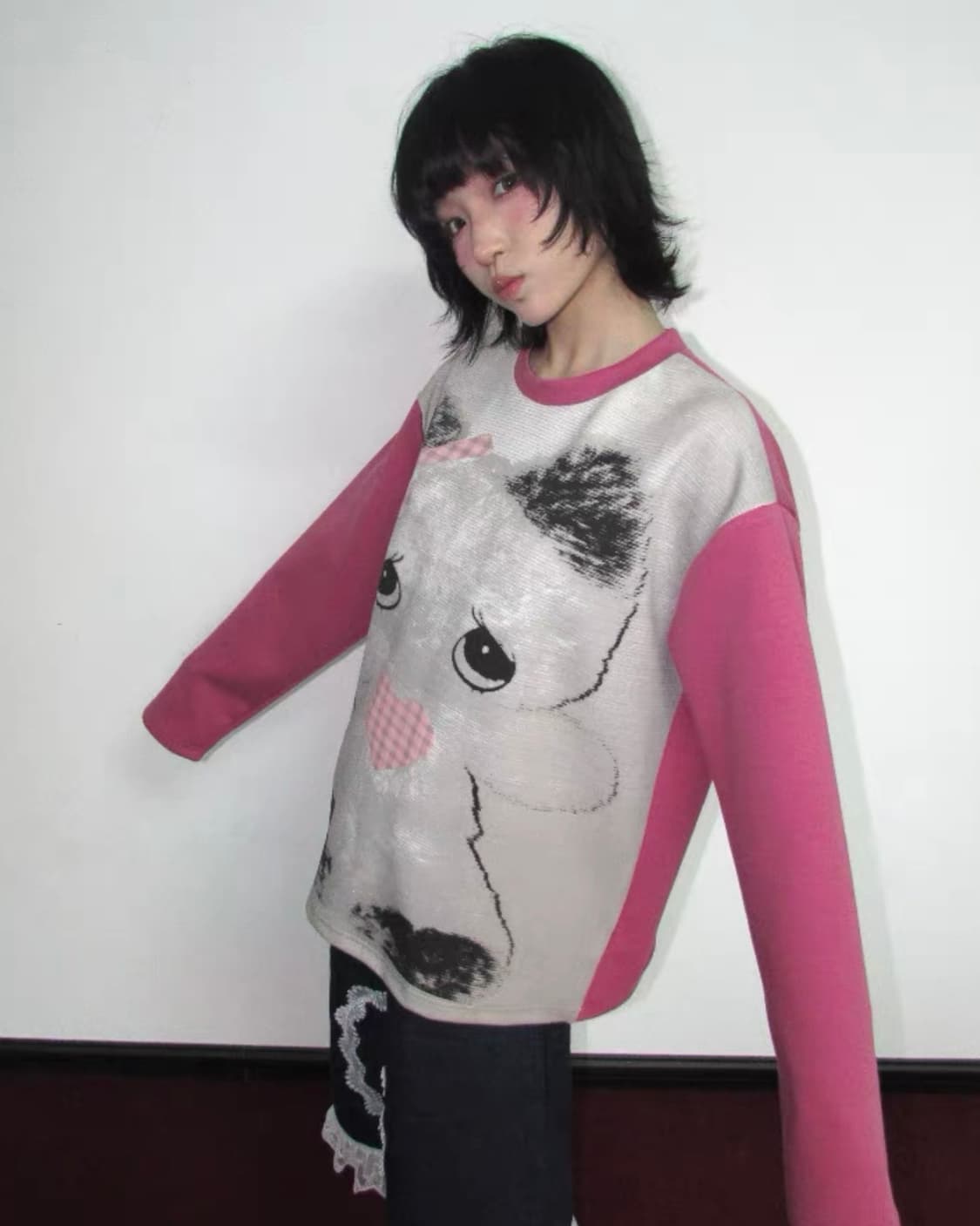 OurHappy 중국 브랜드 맨투맨 롱슬리브 긴팔티셔츠 핑크 프린팅 상품이미지2