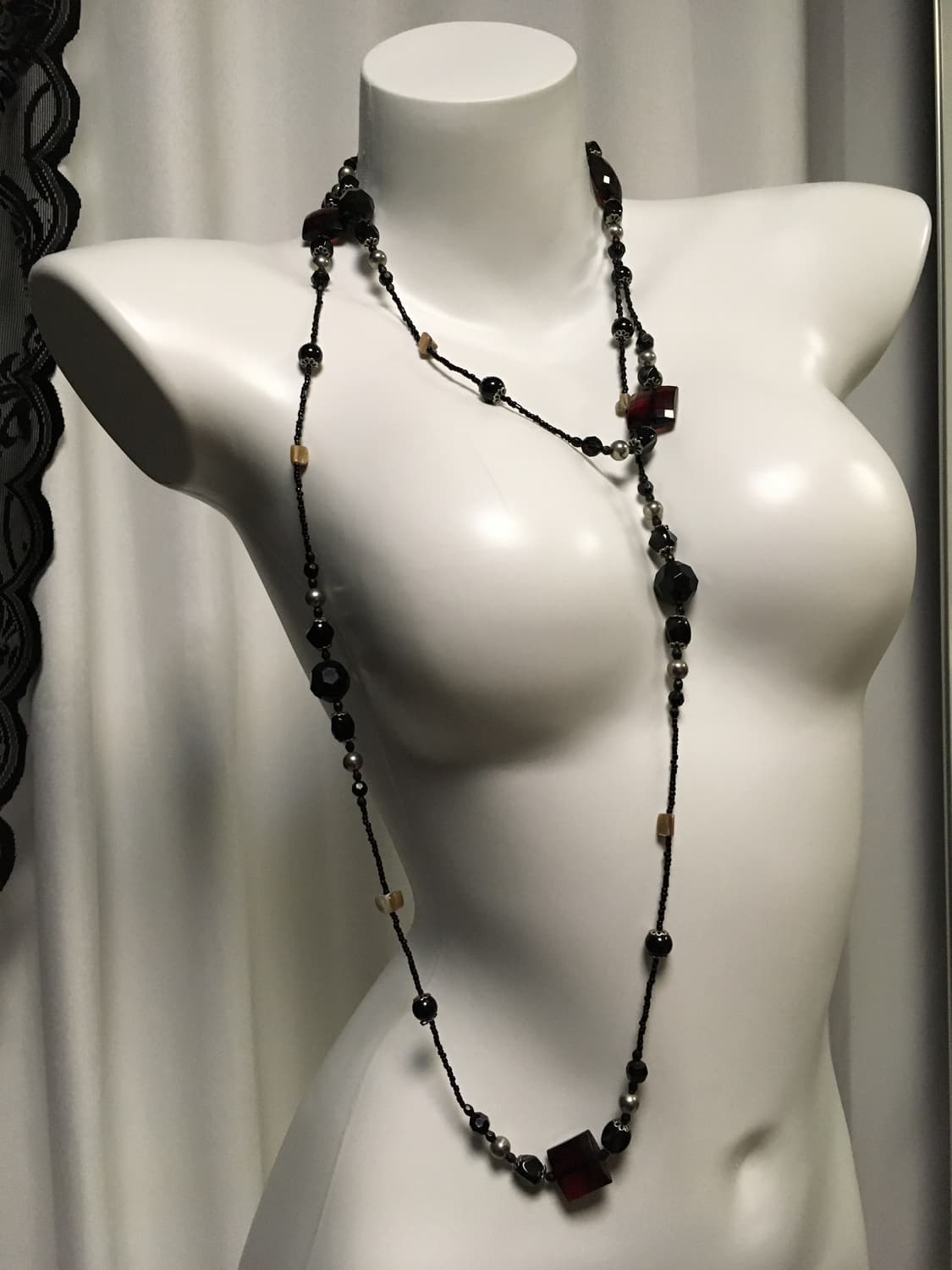 Vintage 블랙 와인 자개 비즈 롱 네크리스 목걸이 상품이미지3
