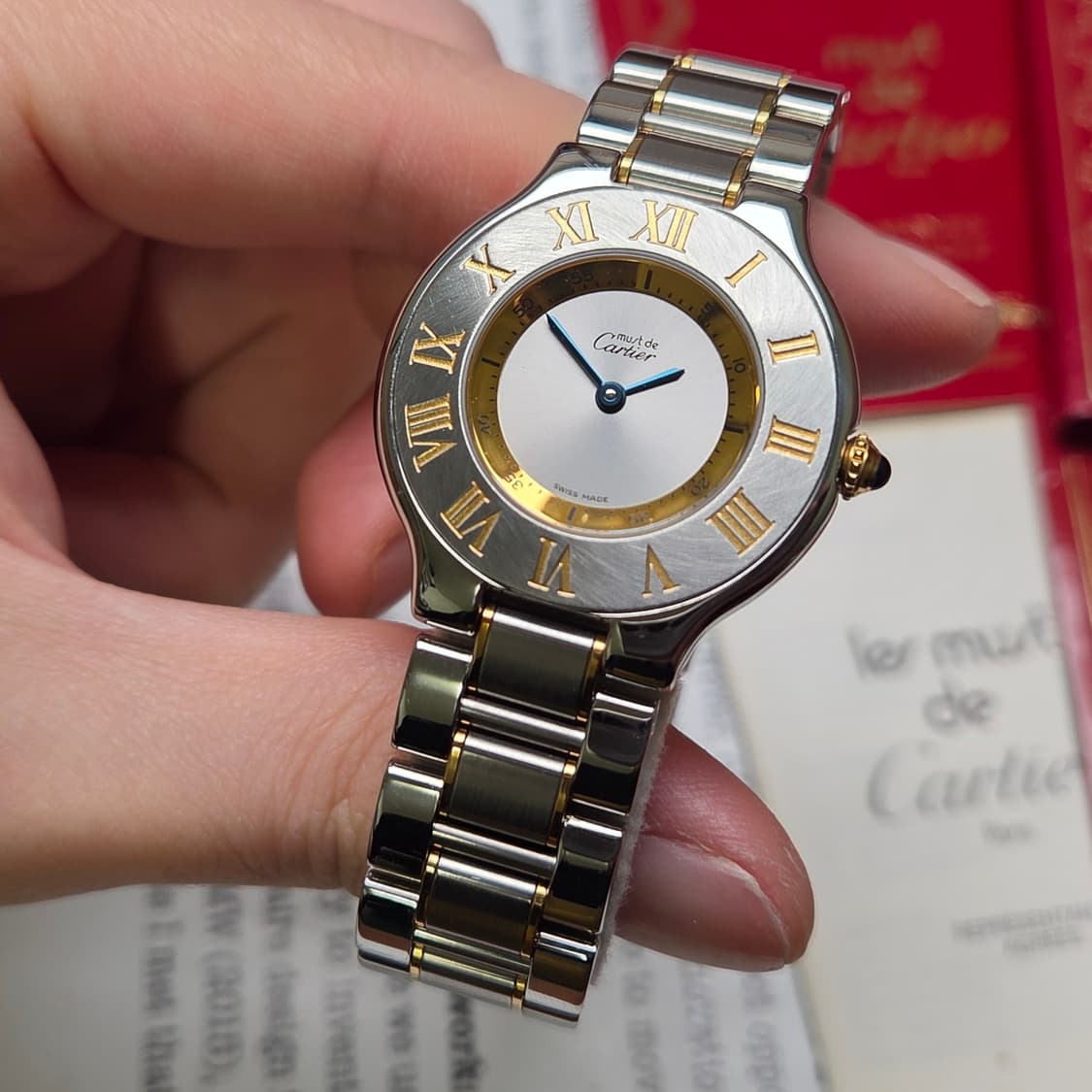 레어] 빈티지 까르띠에 머스트드 21C 콤비 남녀공용 31mm 블루핸즈  상품이미지5