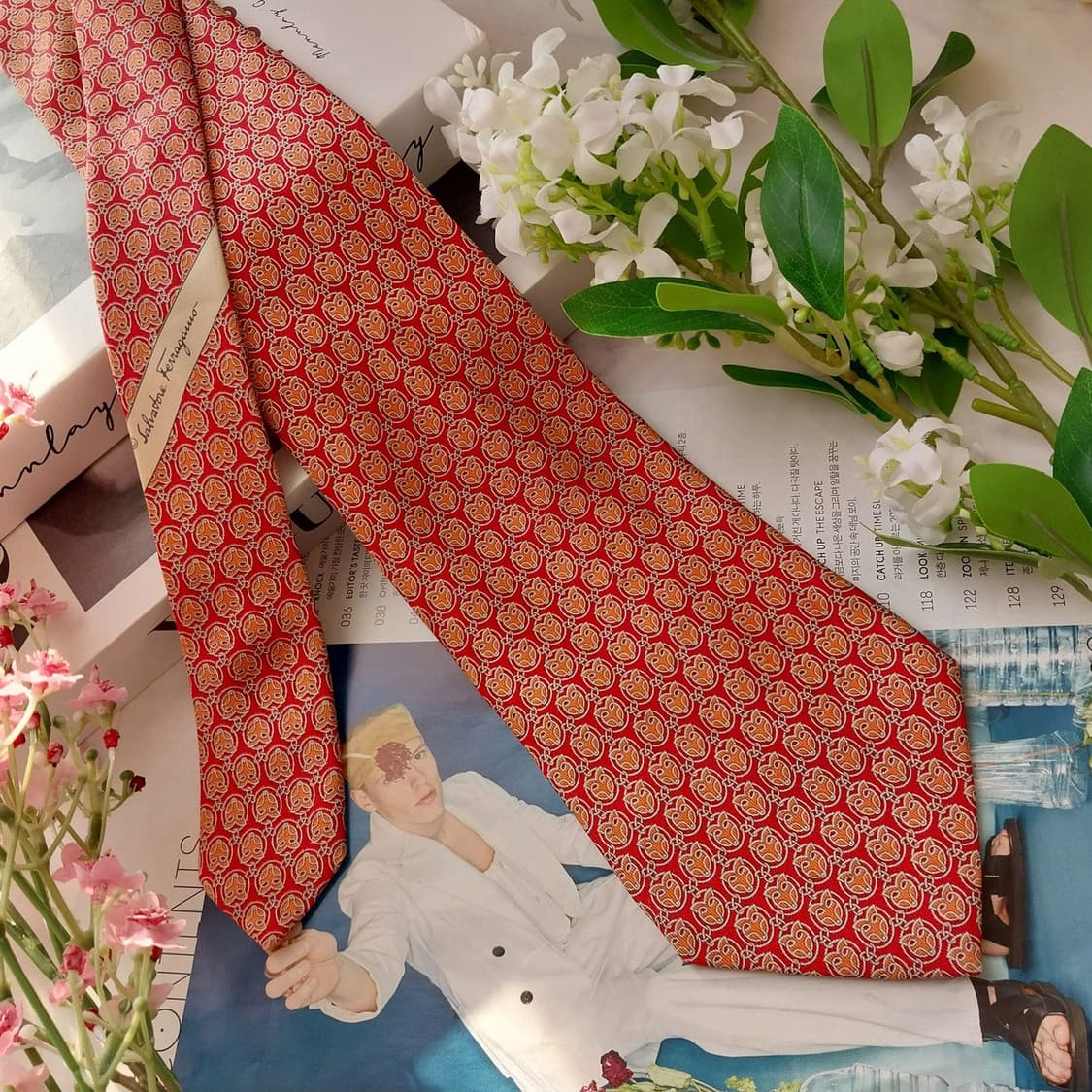 페라가모 실크 레드&오렌지 모티프 넥타이 9.9cm A+등급 K1570 상품이미지2