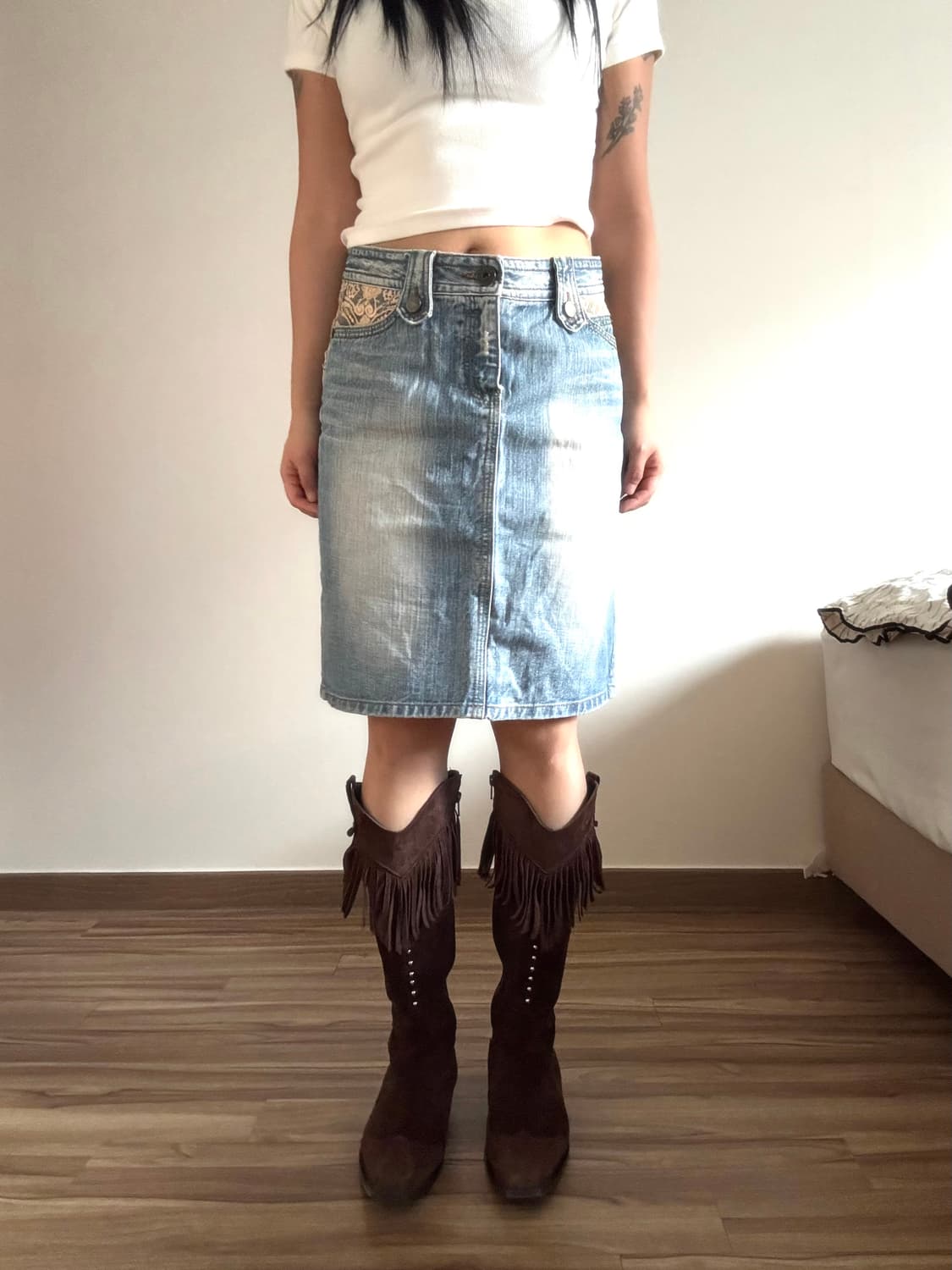 레이스 데님 미디 스커트 상품이미지5