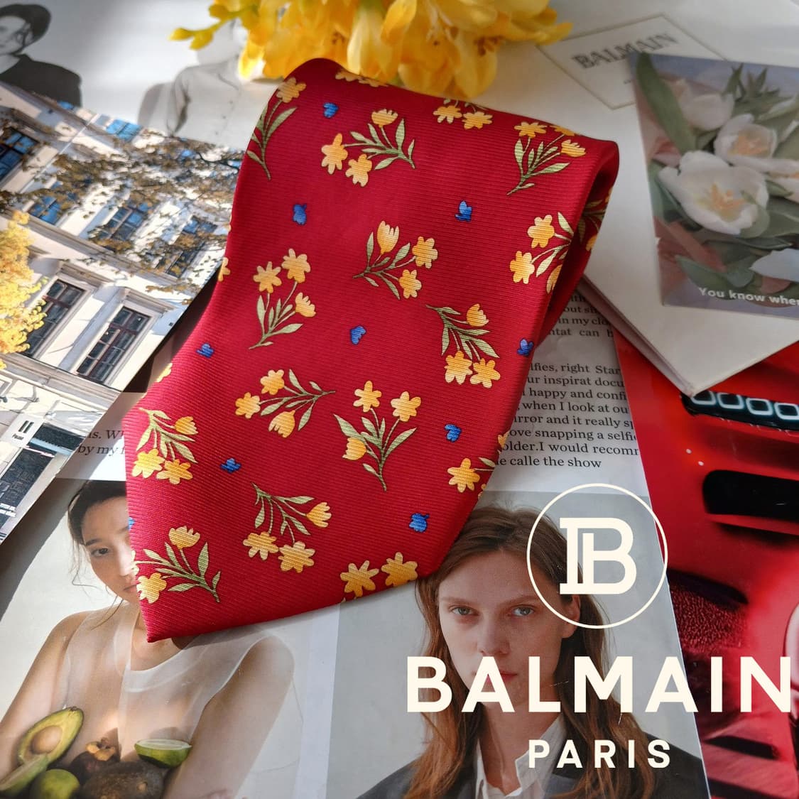 피에르 발망 레드 플라워 패턴 넥타이 9.9cm A등급 A19707 상품이미지1