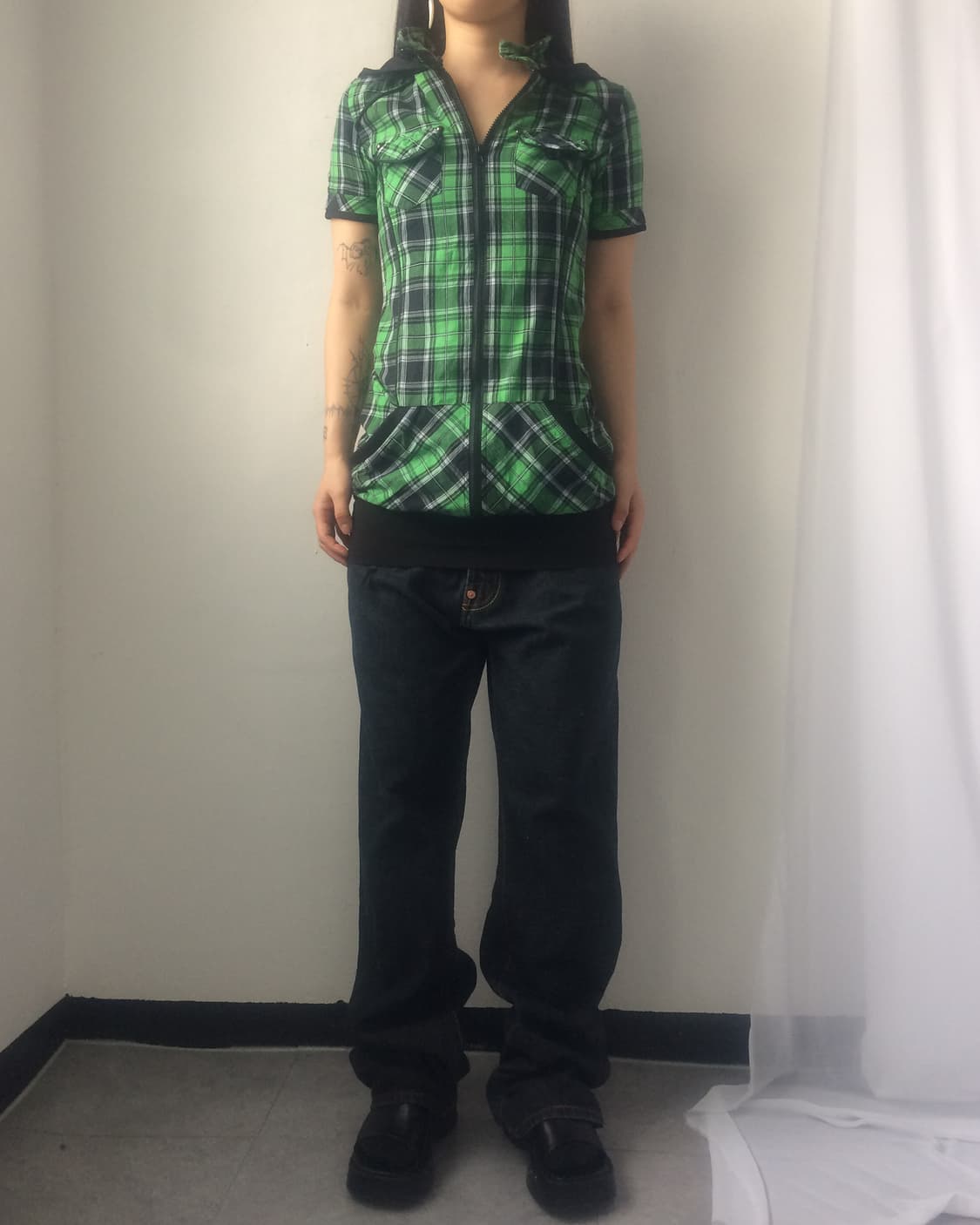 Check pattern hood zip up onepiece 상품이미지5