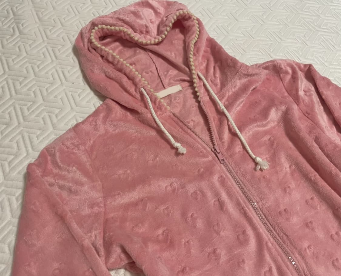 💖대장💖 핑크 하트 펀칭 벨벳 후드집업 | 양산 갸루 빈티지 페어리 상품이미지2