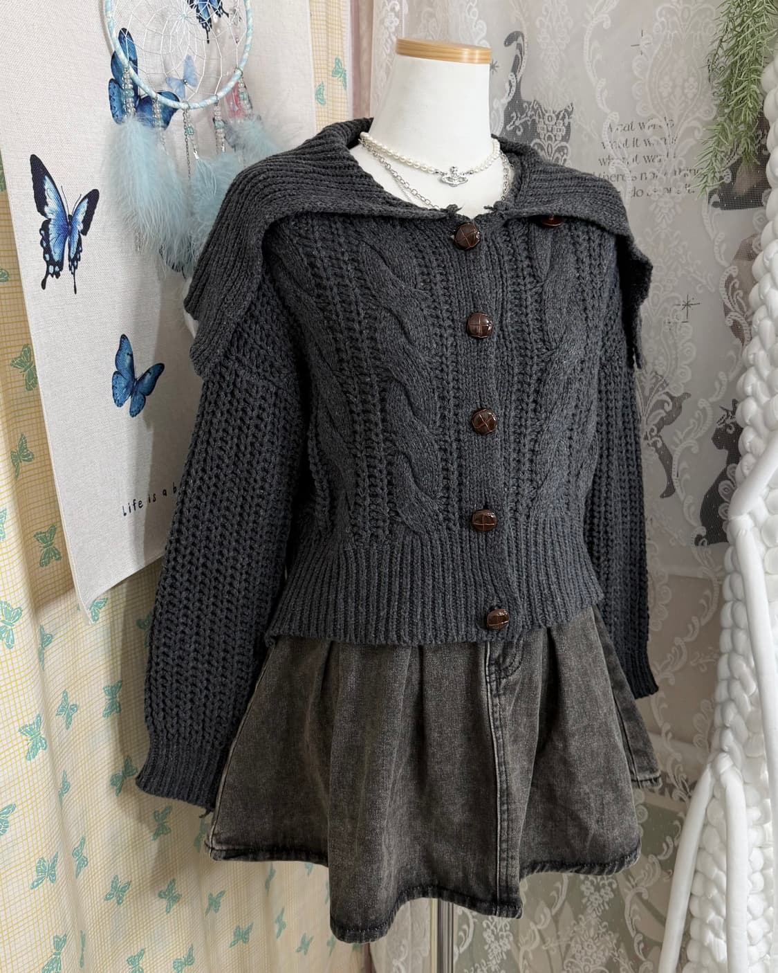 차콜 그레이 꽈배기 빅 카라 가디건 상품이미지7