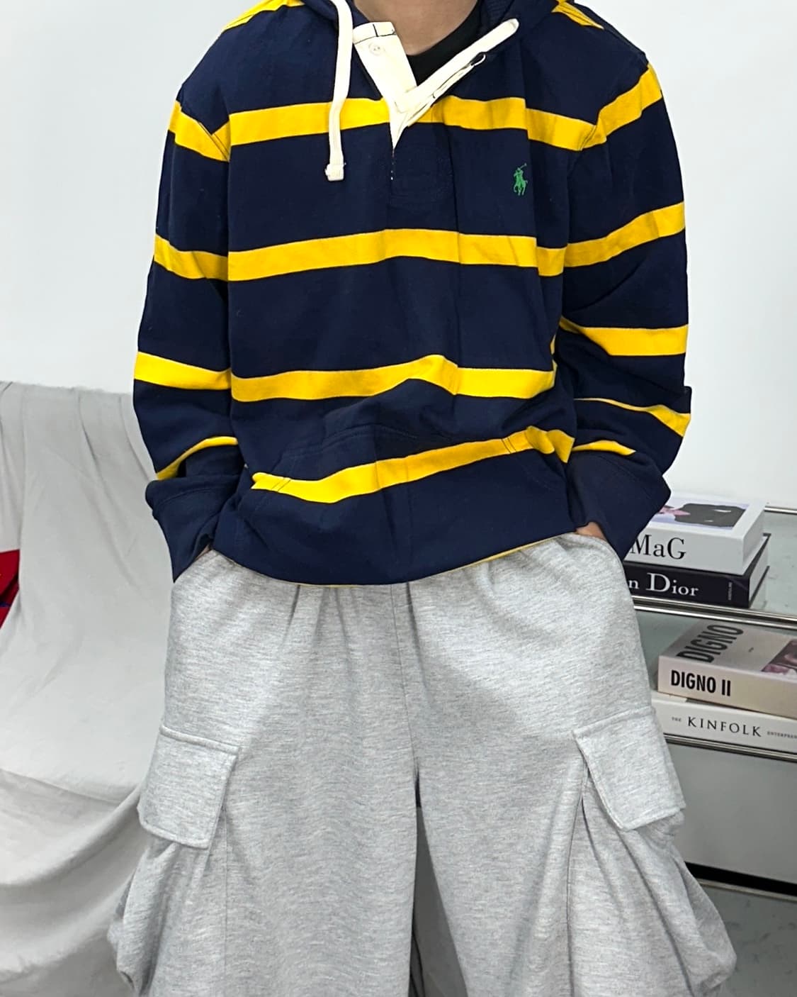 폴로 랄프로렌 네이비 옐로우 럭비 후드티 XL 상품이미지1