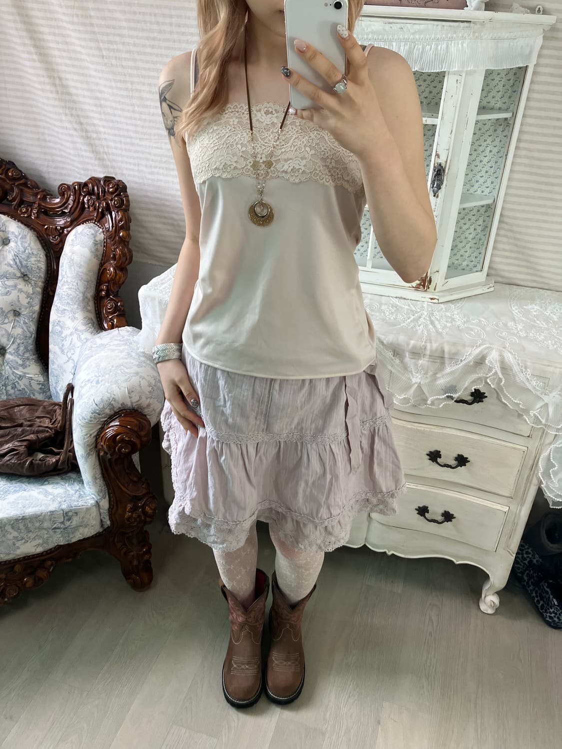 빈티지 아이보리 레이스 새틴 슬리브리스 상품이미지2