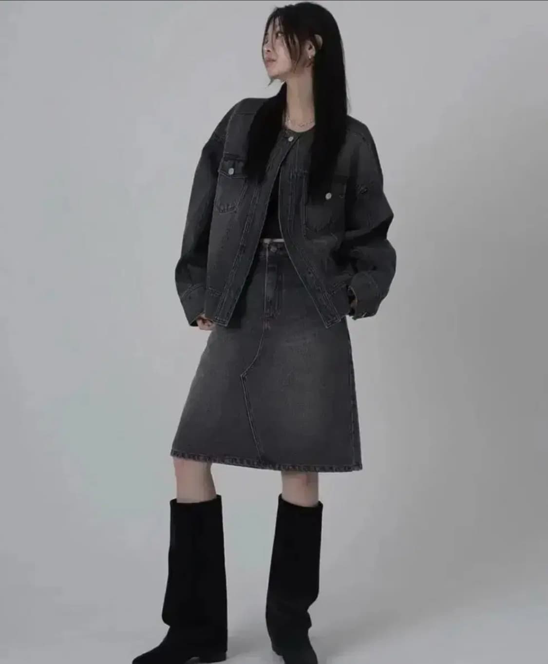 [새상품] 트리밍버드 원버튼 데님 셋업 자켓 흑청 상품이미지1