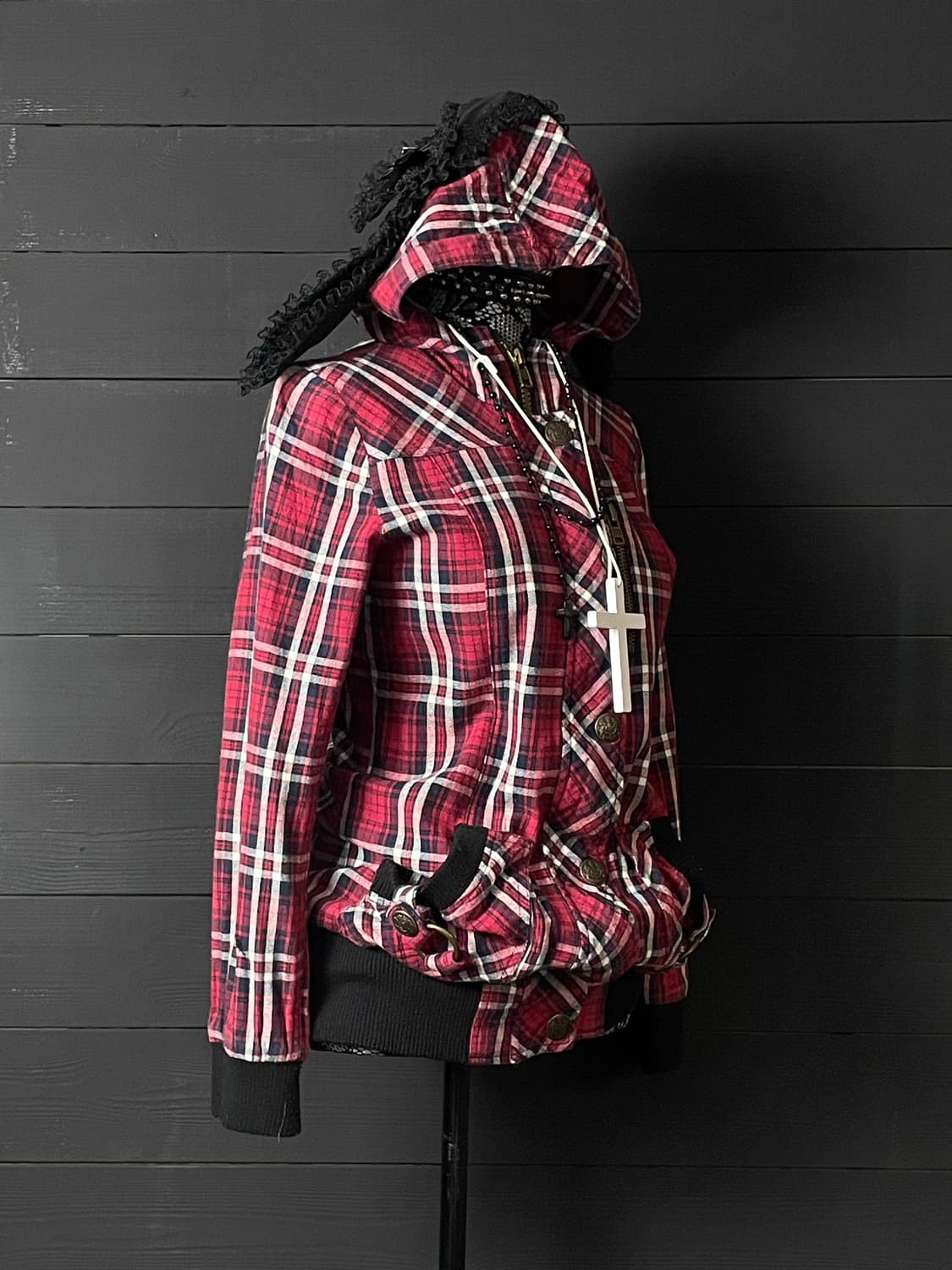 SKY BOMBER 스카이봄버 펑크 레드 체크 패턴 버튼 자켓 상품이미지2