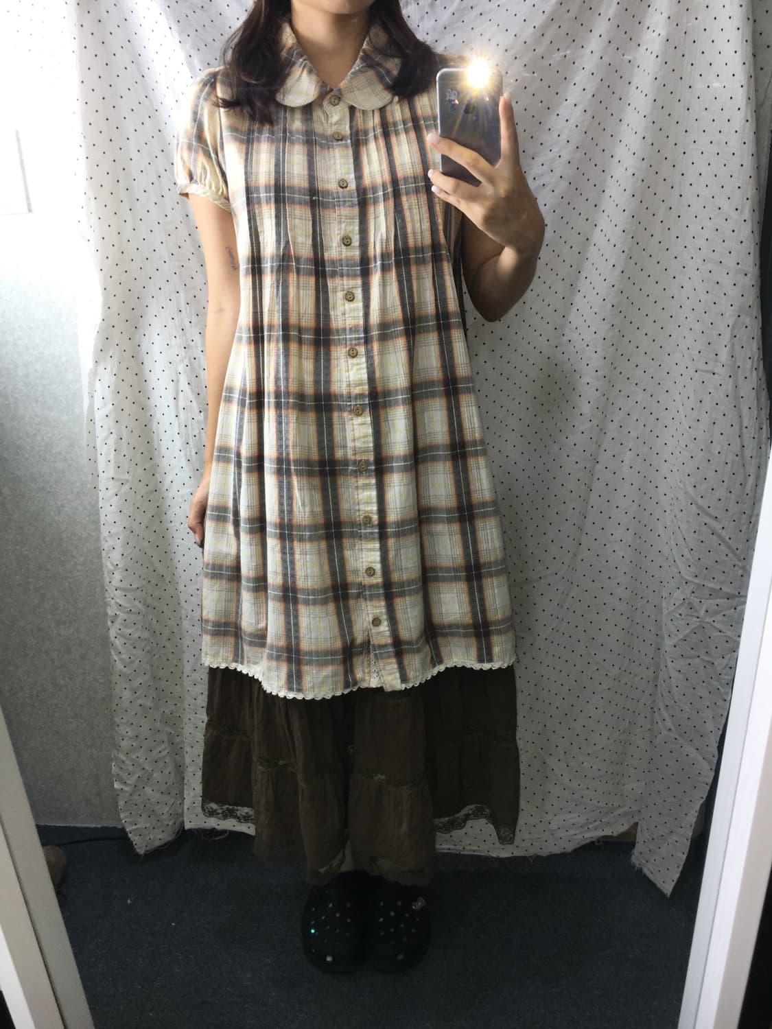 체크 둥근 카라 원피스 상품이미지2