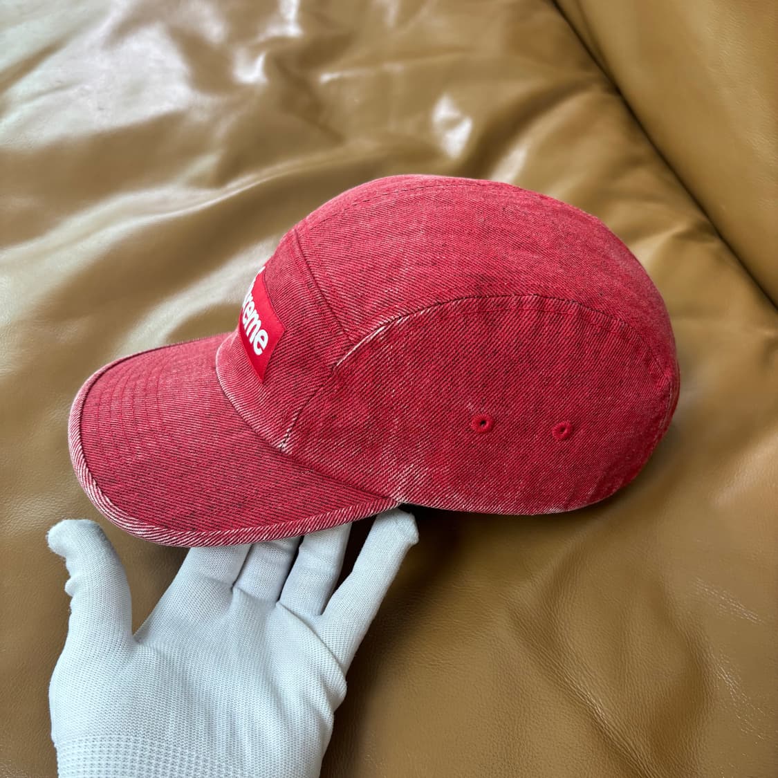 슈프림 캠프캡 모자 박스로고 워시드 데님 레드 상품이미지4