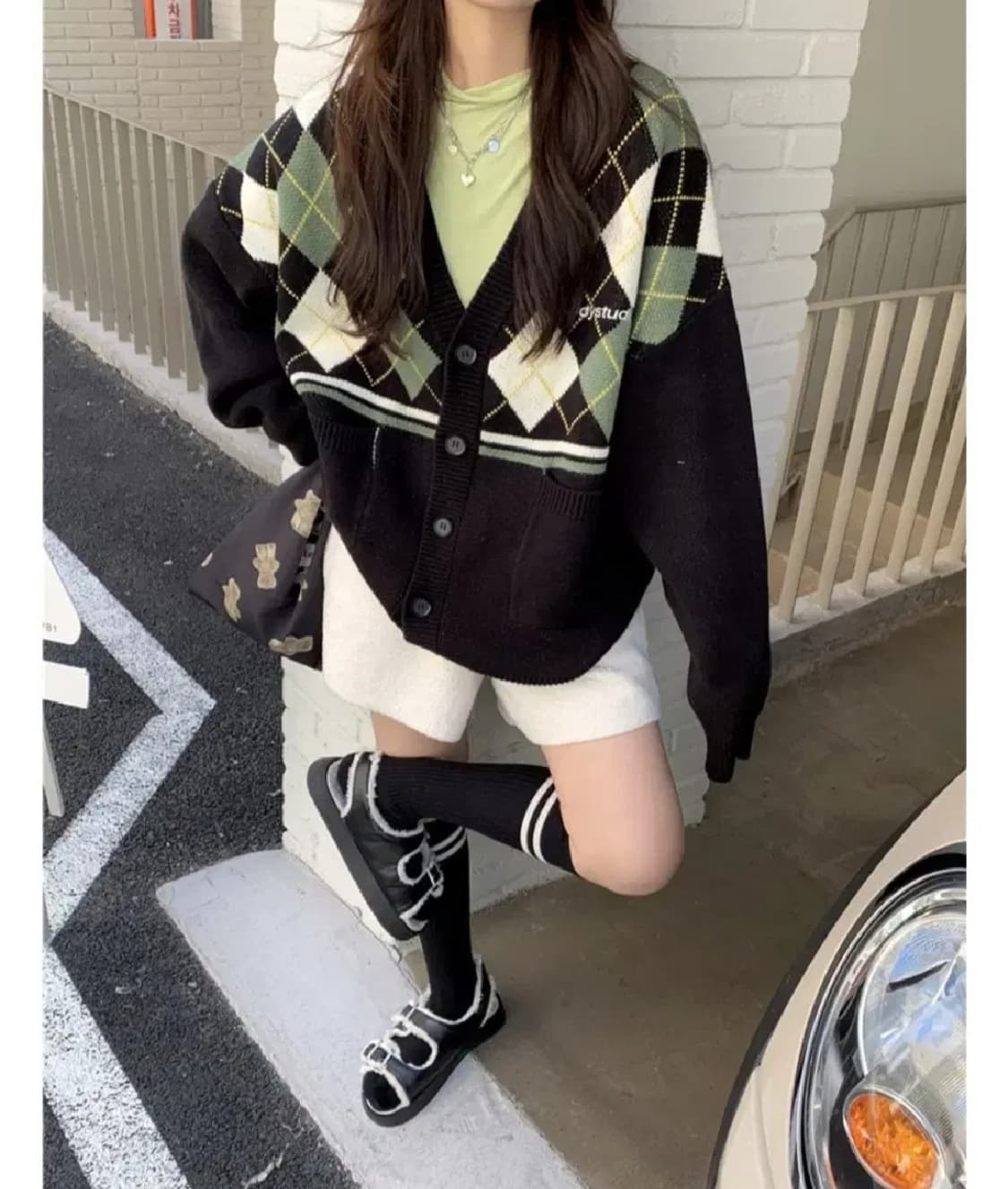 빈티지아가일니트집업가디건아방박시보이핏브이넥체크오버핏모리걸니트스웨터자켓 상품이미지4