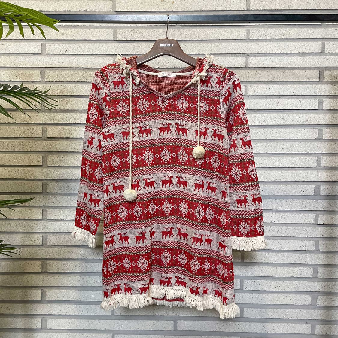 JPN VINTAGE 노르딕 패턴 니트 후드 태슬 디테일 레드 상품이미지2
