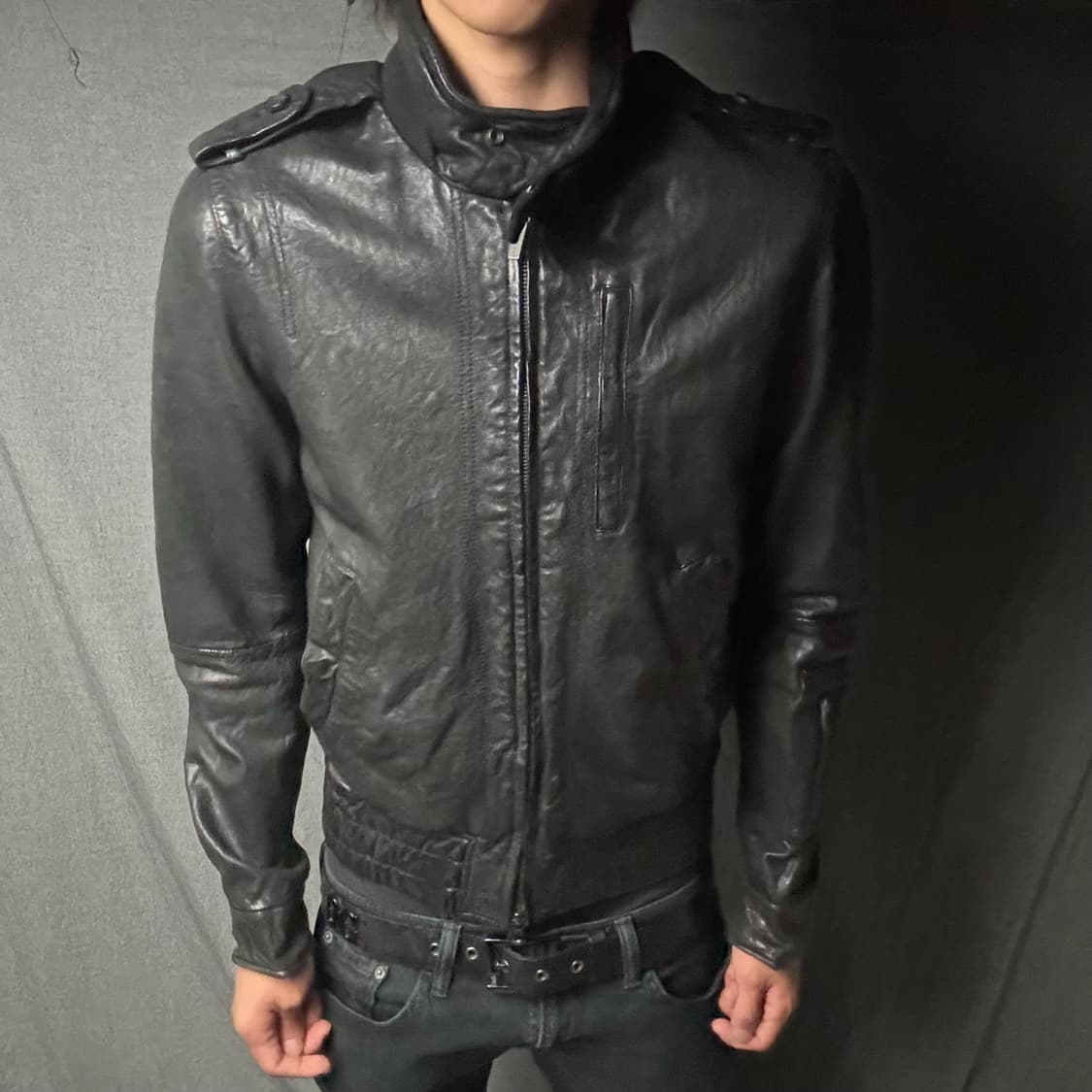 high neck lamb skin leather jacket 상품이미지5