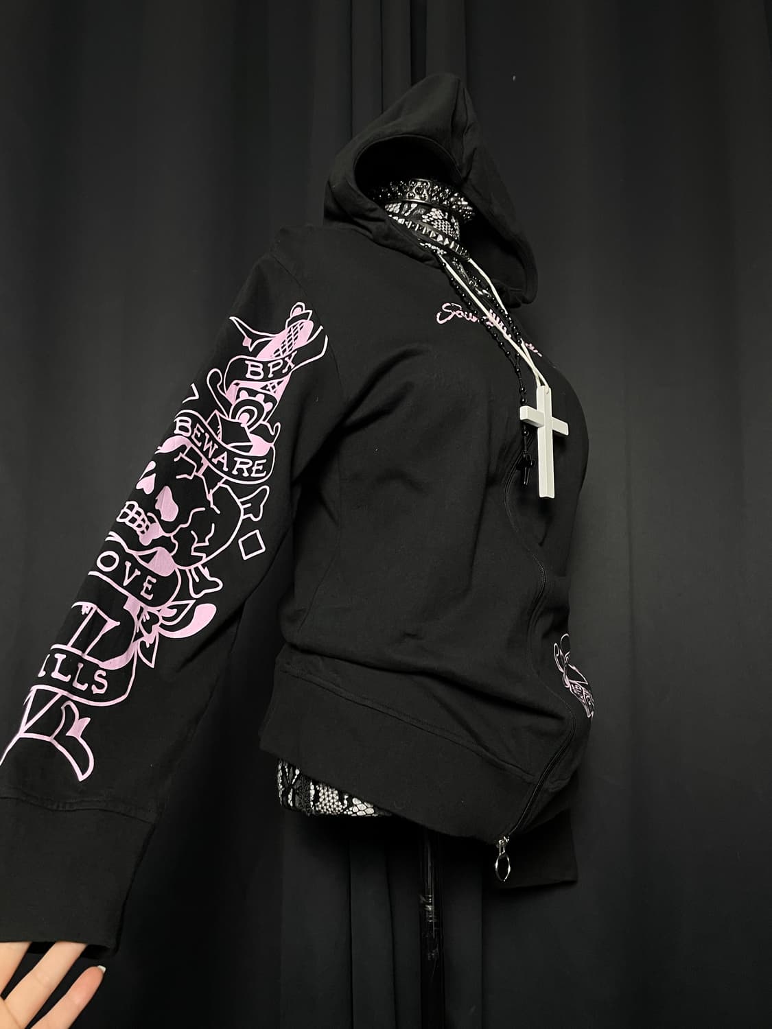 JPN 펑크 블랙 핑크 레터링 후드집업 상품이미지4