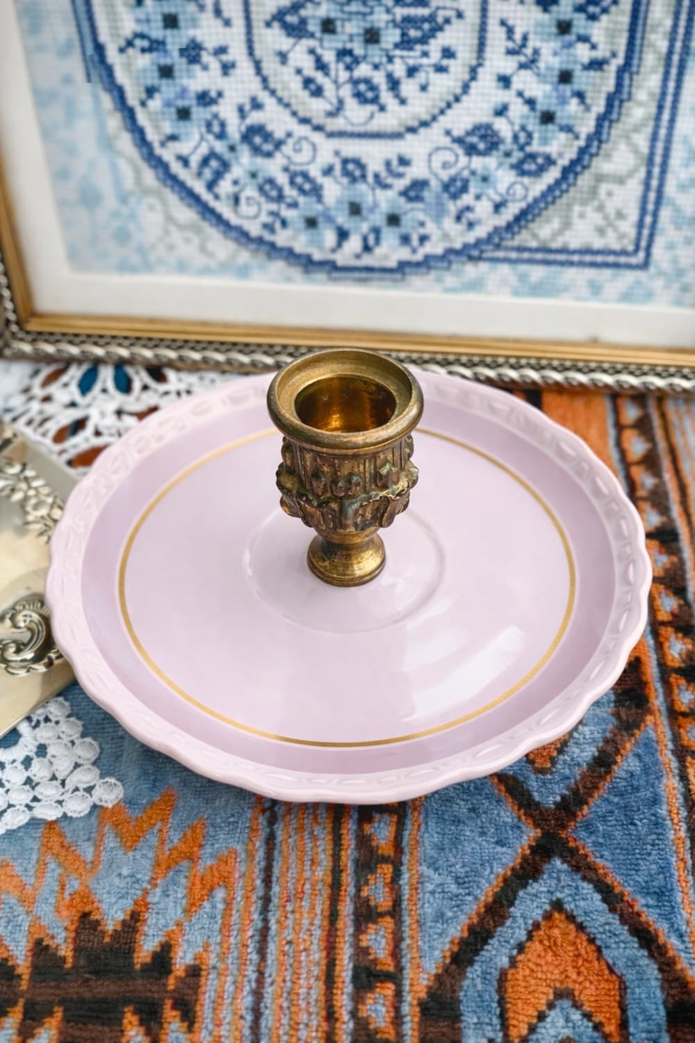 독일(후첸로이터) 핑크 로즈 소서 브론즈일체형 촛대 상품이미지1