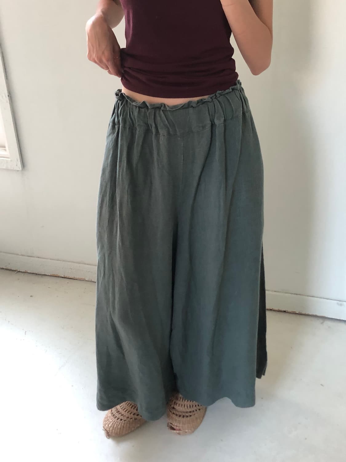일본빈티지 카키 린넨 팬츠스커트 상품이미지2