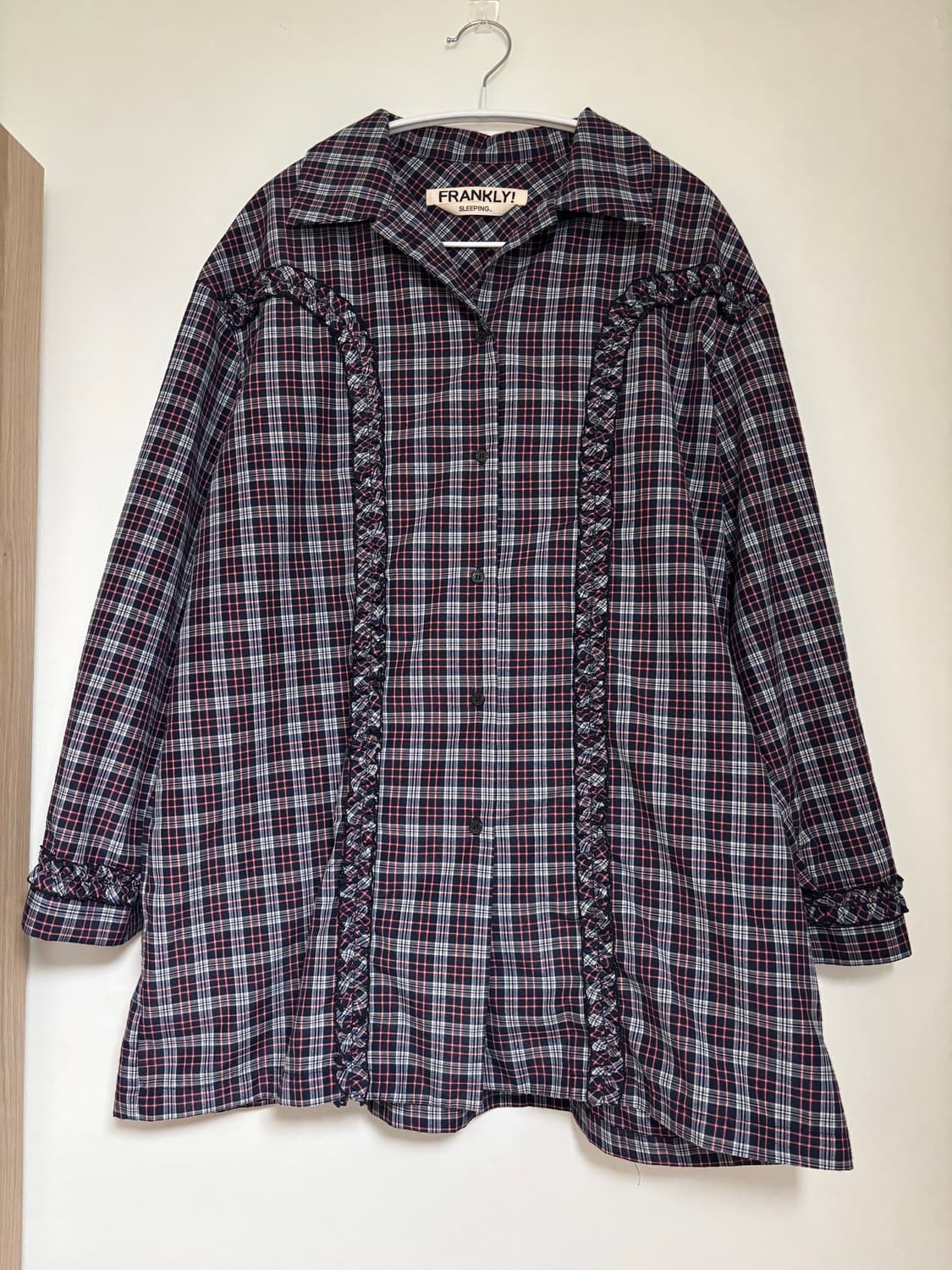 frankly 프랭클리 체크 러플 파자마 세트 네이비 레이스 원피스 상품이미지1