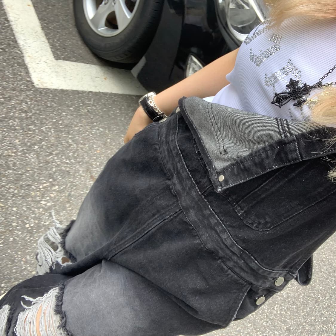 커렌트 빈티지 데님 롤오버 멜빵 1사이즈 상품이미지4