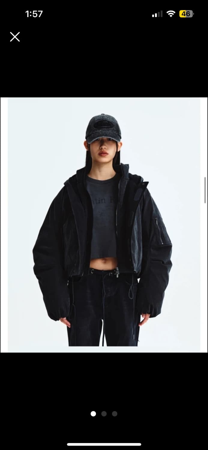 미개봉/풀구성/M] 마뗑킴 레이어드 후디 봄버 다운 차콜 상품이미지3