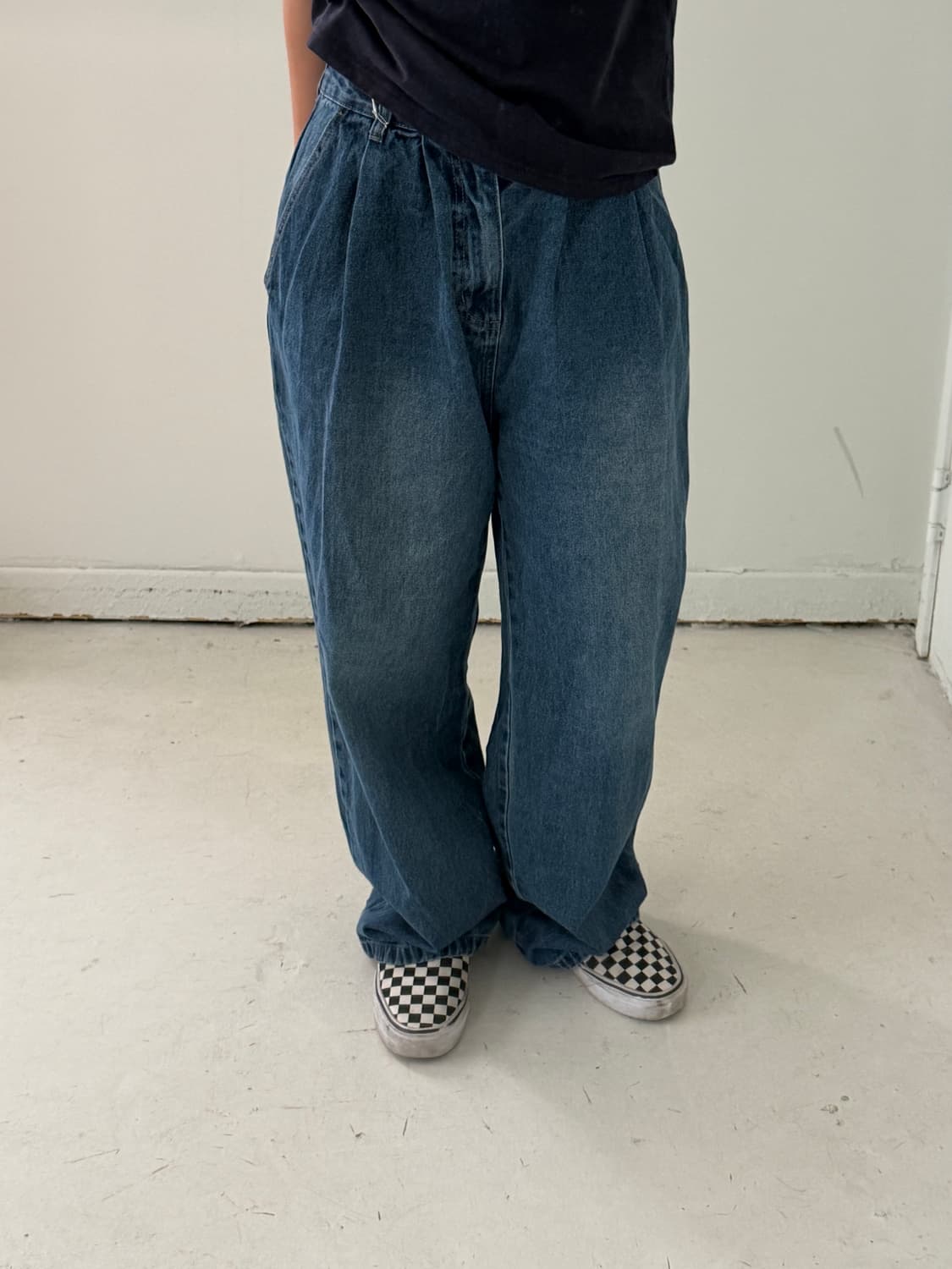 일본빈티지 와이드 핀턱 중청 데님 상품이미지2