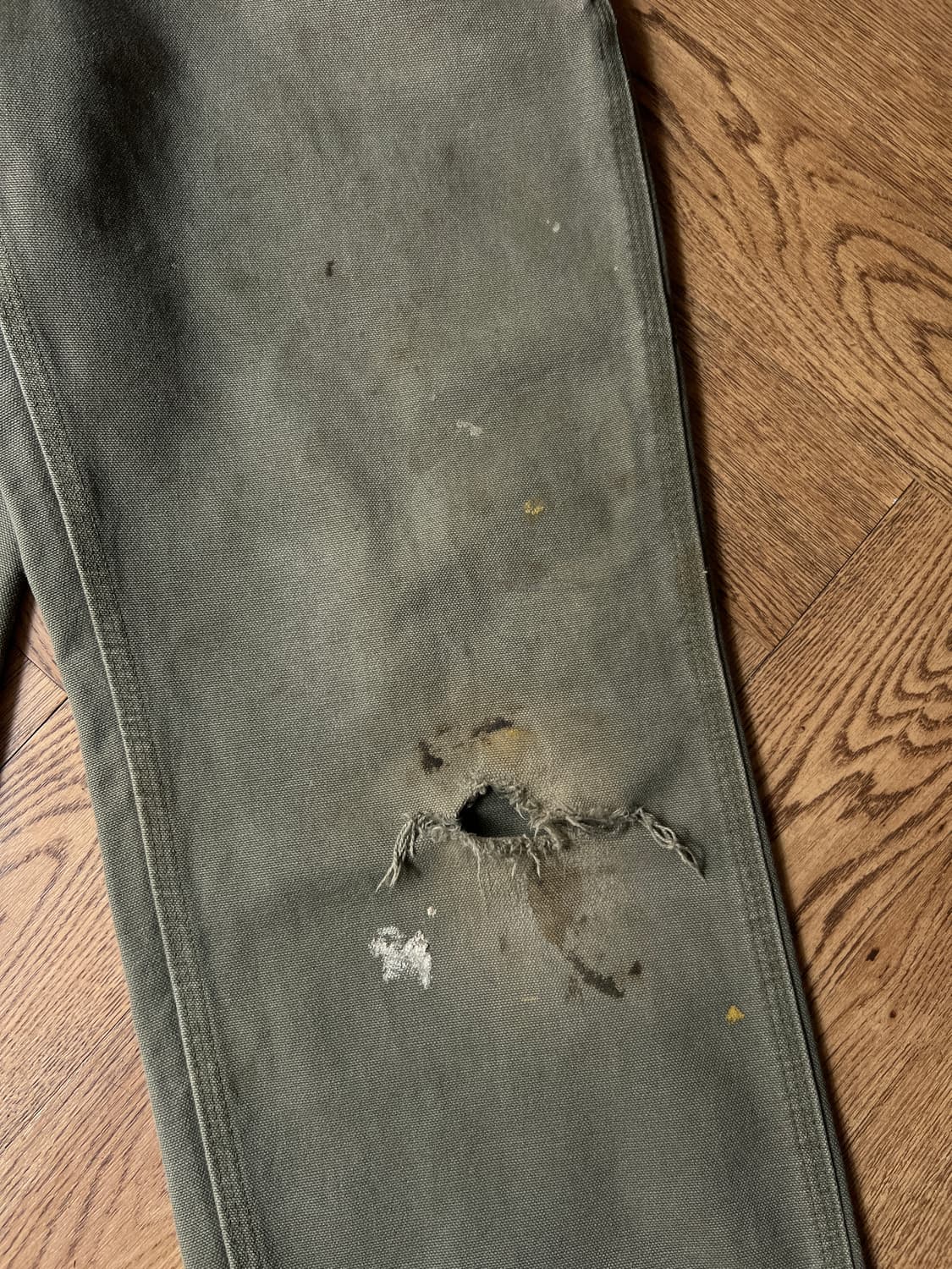 [31]칼하트 USA 더티 데미지드 모스그린 싱글니 카펜터 워크 팬츠 상품이미지5