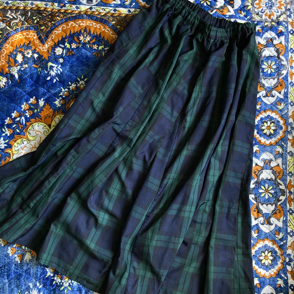 빈티지 아메카지 그린 네이비 타탄체크 밴딩 롱 플레어 스커트 치마 상품이미지5