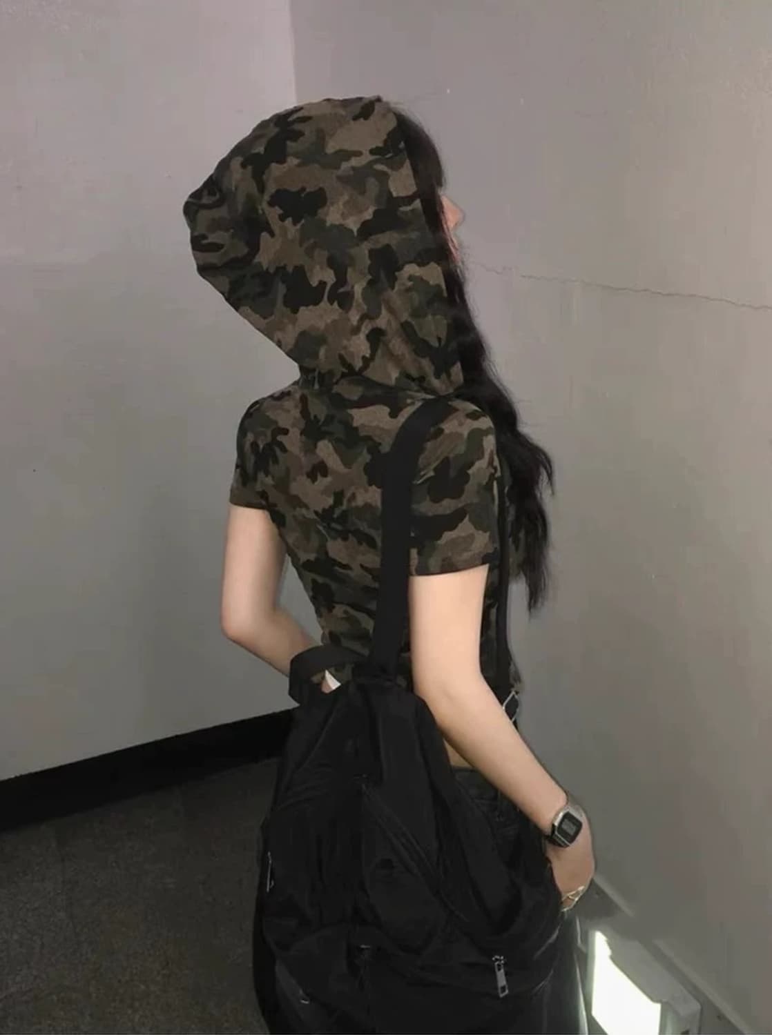 카모 후드 집업 크롭 반팔 티셔츠 상품이미지5