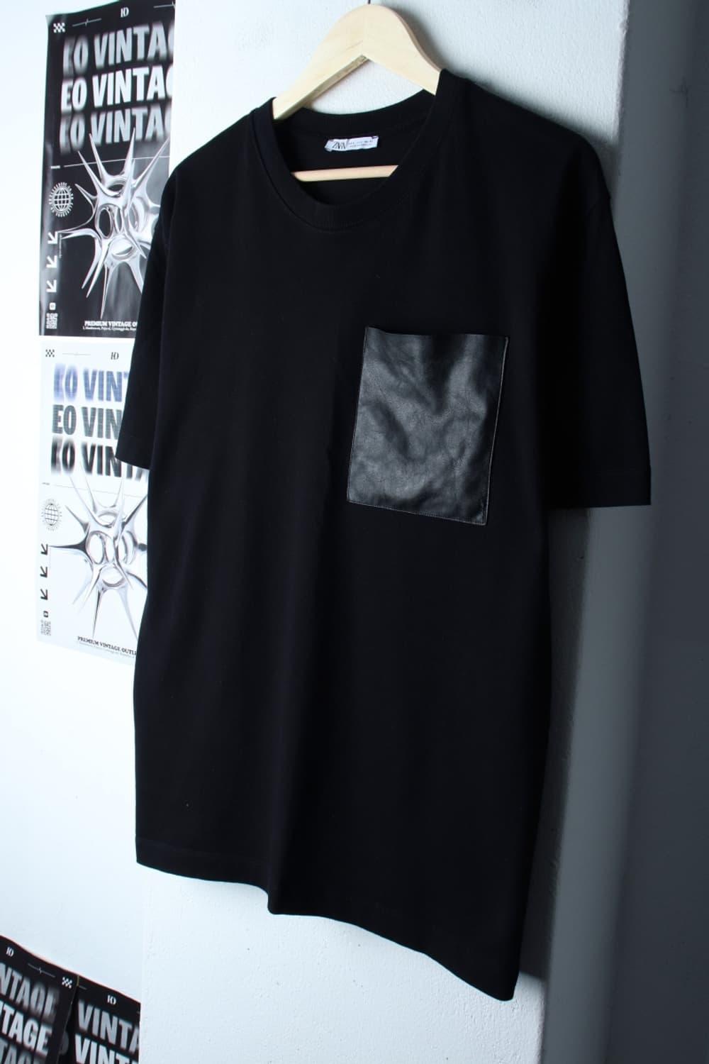 (L-XL) 자라 반팔 티셔츠 레더포켓 블랙 놈코어-7BA4 상품이미지1