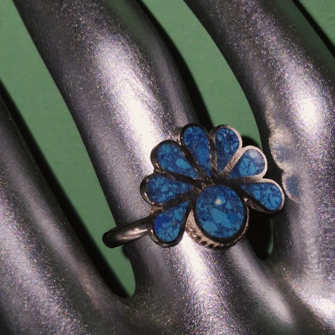 70s 멕시코 실버 925 터키석 인레이 꽃잎 반지 상품이미지5