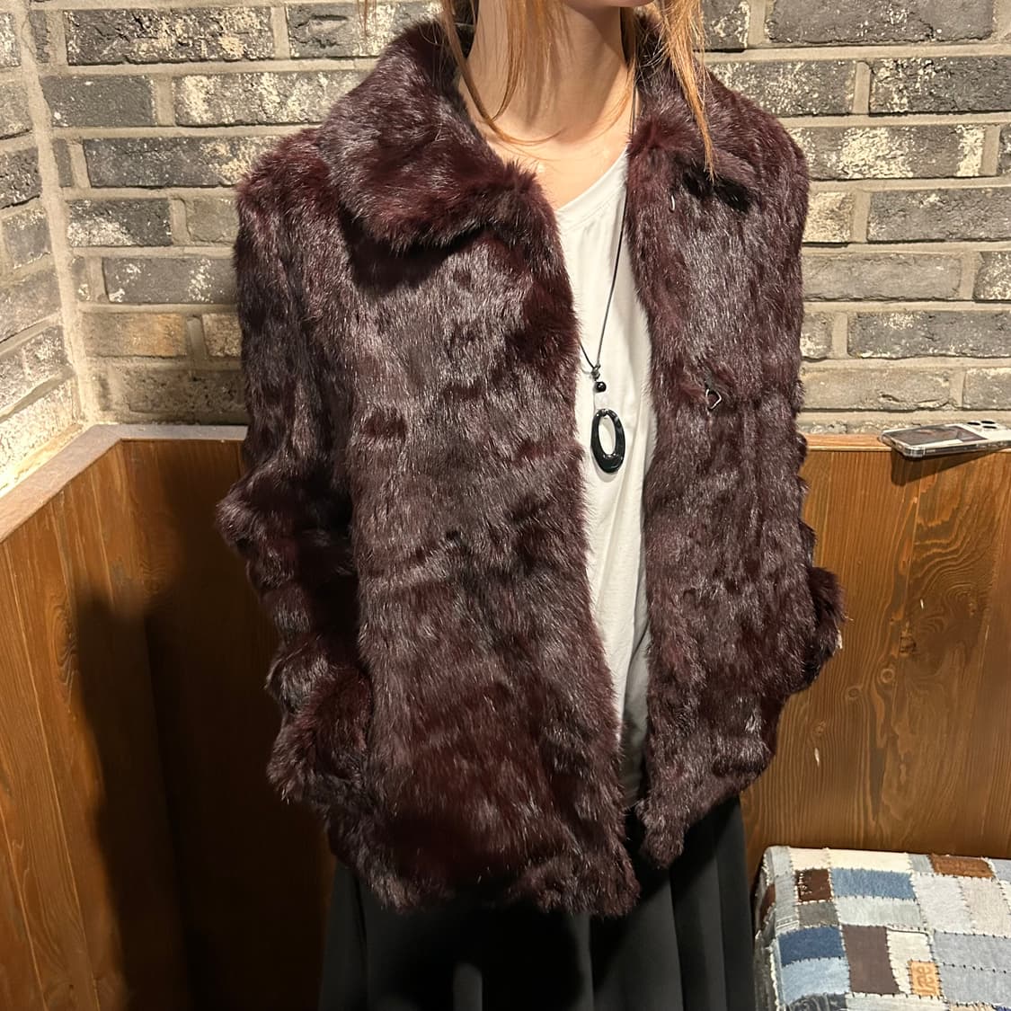 pierre cardin 버건디 토끼털 래빗 퍼 모피 자켓 상품이미지9